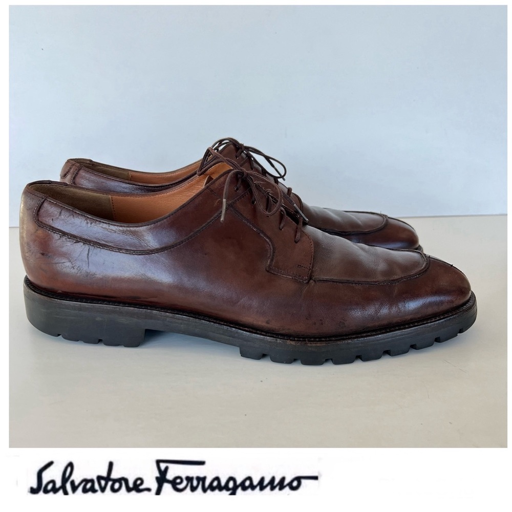 SALVATORE FERRAGAMO Italy Brown Leather Lace Up Lug Sole Derby Shoes Sz 11.5 D
